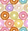 Colorful donuts seamless pattern, isolated on white.  Sweets background. Watercolor illustration