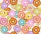 Colorful donuts seamless pattern, isolated on white.  Sweets background. Watercolor illustration