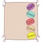 Colorful doodle hand drawn macarons, stacked, in vintage frame on beige background, copy space, template for bakery, dessert menu