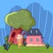 Colorful doodle landscape with little house, old green oak-tree and cute fairy girl. Childish line vector. Hand drawn
