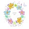 Colorful doodle spring flowers circle frame greeting card