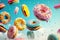 Colorful Doughnuts Soaring Through The Air Creating An Irresistible Temptation