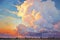 Colorful dramatic sky with cloud at sunset or sunrise. Digital painting, cumulonimbus sunset impasto post impressionism neon