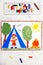 Colorful drawing: Camping in forest, smiling boy in tent, campfire