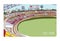 Colorful drawing of cricket stadium with rows of seats, electronic scoreboard and green grassy field. Sports arena for