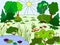Colorful drawing field and meadow. Lots of plants and a lake. Vector