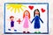 Colorful drawing: Happy lesbian parents and her adopted son. Two mothers and child