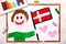 Colorful drawing: Happy man holding flag Danish flag