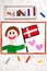 Colorful drawing: Happy man holding flag Danish flag.