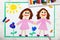 Colorful drawing: Identical twins. Two smiling sisters look the same