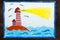 Colorful drawing: lighthouse on the sea