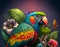 Colorful drawing parrot bird with flower background