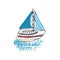 Colorful drawing of passenger ship, sailing boat or marine vessel with sail in sea. Sailboat in ocean journey or trip