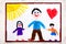 Colorful drawing: Single parenting. Smiling family with father and her two kids