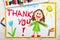 Colorful drawing: Smiling young woman and hand drawn lettering phrase THANK YOU