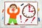 Colorful drawing: Stressed boy standing next to the clock