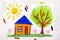 Colorful drawing: Sunny day,a small cute house next to a tree.
