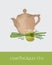 Colorful drawing of teapot, glass cup and fresh cut lemongrass stalks on gray background. Tasty aromatic beverage