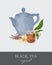 Colorful drawing of teapot, transparent cup and original black tea leaves and flowers on gray background. Tasty aromatic