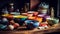 Colorful earthenware bowls adorn rustic wooden table generated by AI