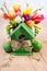 Colorful Easter decorations with eggs and tulips