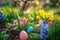 A colorful Easter egg hunt in a garden filled with blooming flowers