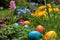 A colorful Easter egg hunt in a garden filled with blooming flowers