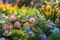 A colorful Easter egg hunt in a garden filled with blooming flowers