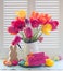 Colorful Easter Egg and Tulip Bouquet Still Life in Window Light with Hoppy Easter card