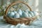 colorful easter eggs in a basket on a white background, in the style of light green and indigo, rounded, contemporary