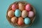 colorful easter eggs in a basket on a white background, in the style of light green and indigo, rounded, contemporary