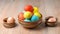 Colorful Easter eggs in brown pottery. Easter eggs are a symbol and a mandatory attribute of Easter