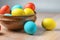 Colorful Easter eggs in brown pottery. Easter eggs are a symbol and a mandatory attribute of Easter