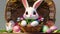 Colorful Easter eggs and bunny into basket. Generative AI