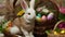 Colorful Easter eggs and bunny into basket. Generative AI