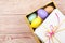 Colorful Easter Eggs decorated in beautiful giftbox