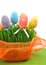 Colorful easter eggs in the flowerbed wih green fresh grass