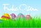 Colorful easter eggs in fresh green grass against blue sky with words â€žFrohe Osternâ€œ