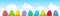 Colorful easter eggs on grass with clouds shaped like Easter bunnies, flat design, horizontal banner with blue sky
