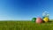 Colorful Easter eggs on green meadow over blue sky