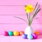 Colorful Easter Eggs in Row with Spring Daffodil in a modern vase against pink shiplap boards with copy space.  It`s a square cro