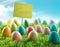 Colorful Easter eggs with sign in a field