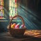 Colorful Easter eggs in a wicker basket, illuminated by sunlight from a window in the church