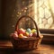 Colorful Easter eggs in a wicker basket, illuminated by sunlight from a window in the church