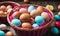 Colorful Easter Eggs in Woven Basket