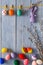 Colorful easter garland on wood background