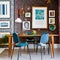 A colorful and eclectic dining room with mix-and-match chairs, a gallery wall of artwork, and a bold patterned rug1, Generative