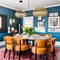 A colorful and eclectic dining room with mix-and-match chairs, a gallery wall of artwork, and a bold patterned rug3, Generative