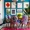 A colorful and eclectic dining room with mix-and-match chairs, a gallery wall of artwork, and a bold patterned rug5, Generative