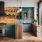 A colorful and eclectic kitchen with mixed patterns, open shelves, and vibrant tiles1